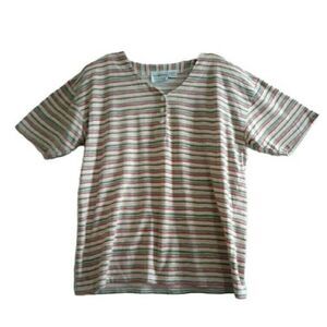 Maggie Lawrence Sport Top Woman's Medium Green Peach Gray Brown Striped